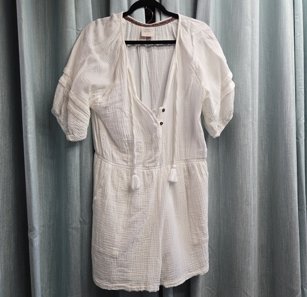 Knox Rose White Cotton Gauze Short Sleeve Romper with Tassel Tie